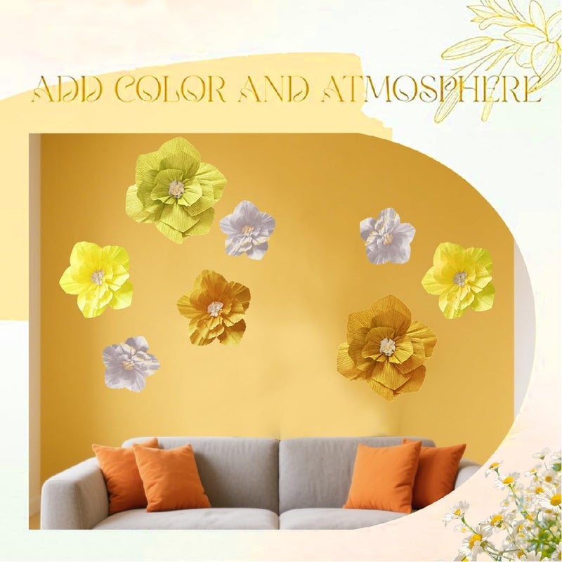 Linnoptimix 9PCS Yellow Paper Flowers Artificial Crepe Tissue White Wall Décor Wedding Birthday Bridal Baby Shower Classroom Nursery Room Backdrop Centerpieces Party Decorations Supplies (Yellow Series (9PCS)) - Image 4
